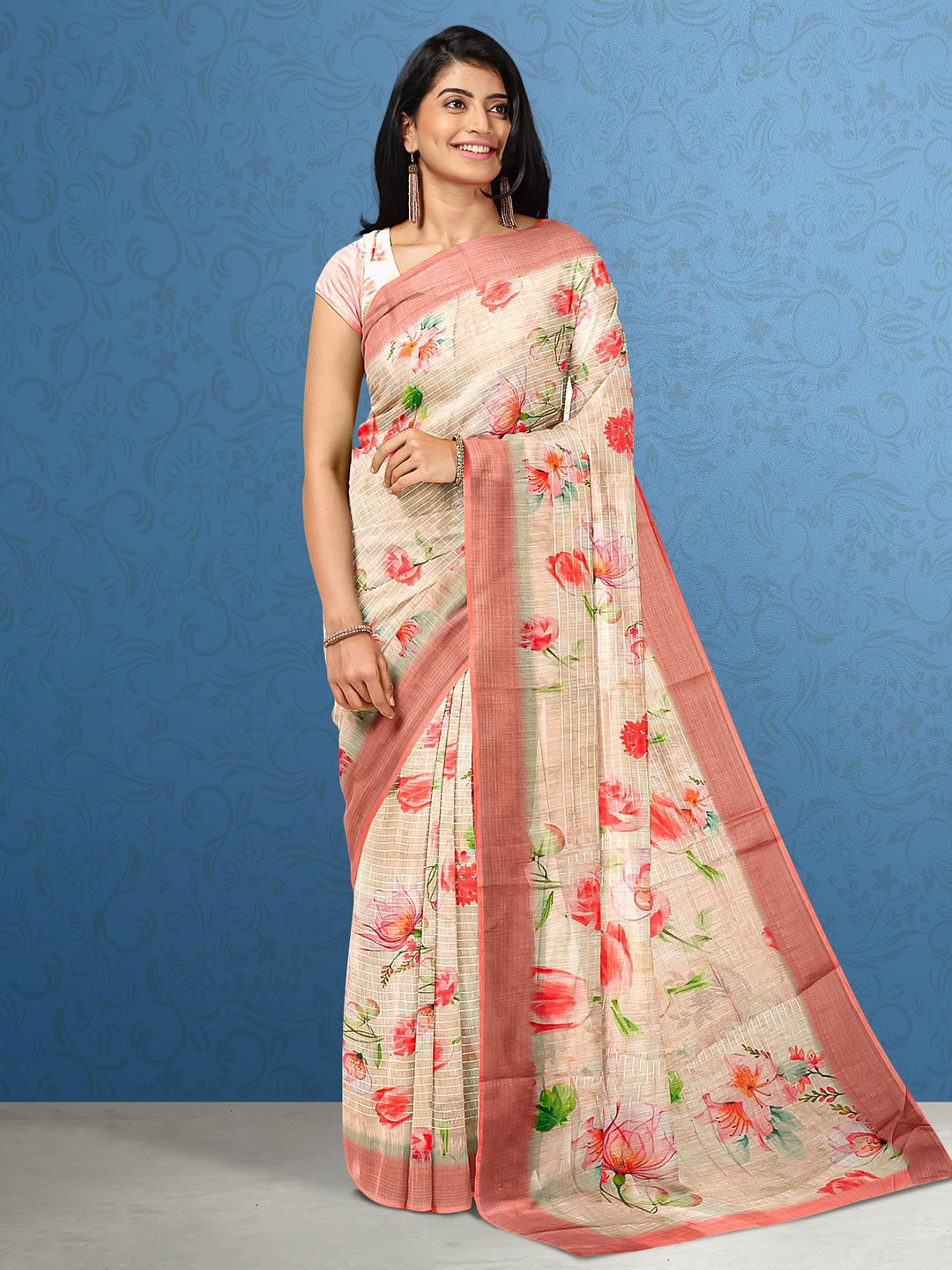 

Kalamandir Women Peach & Green Floral Jute Silk Saree