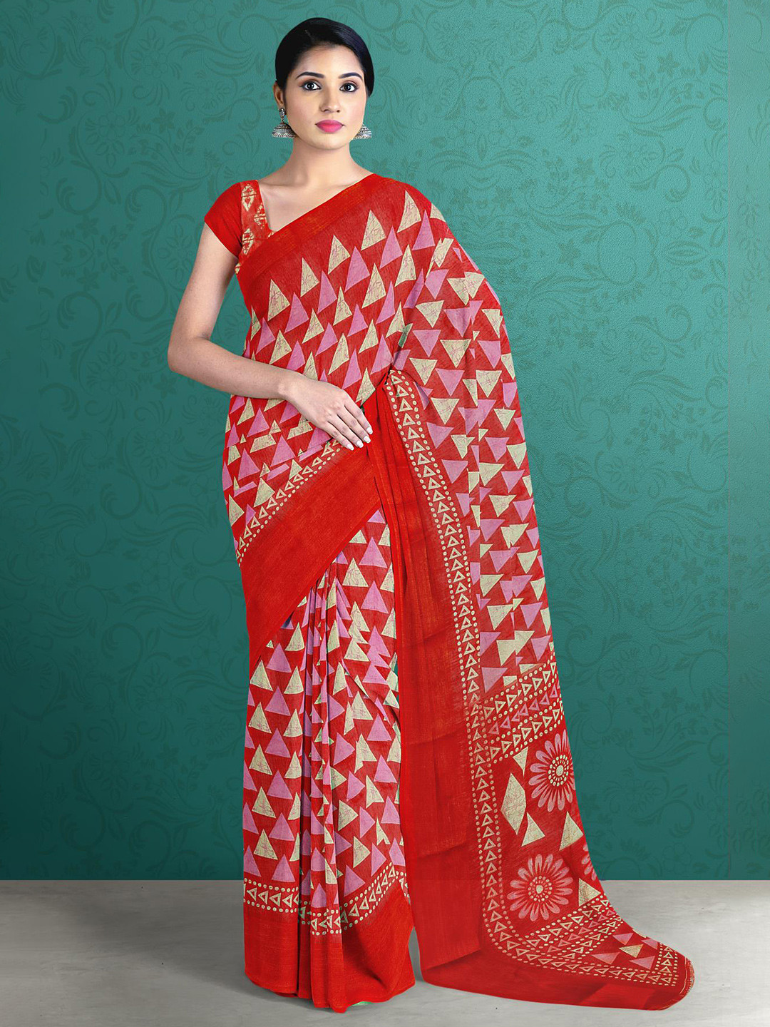 

Kalamandir Women Red & Pink Geometric Cotton Blend Saree
