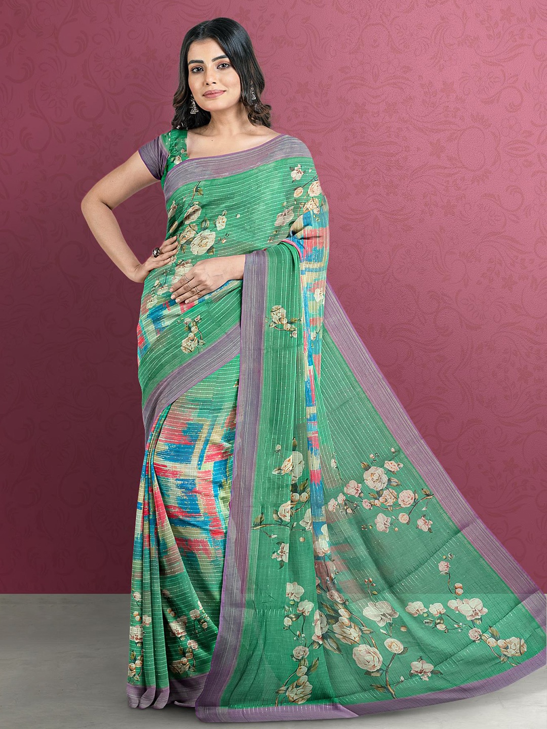 

Kalamandir Green & Pink Floral Zari Jute Silk Saree