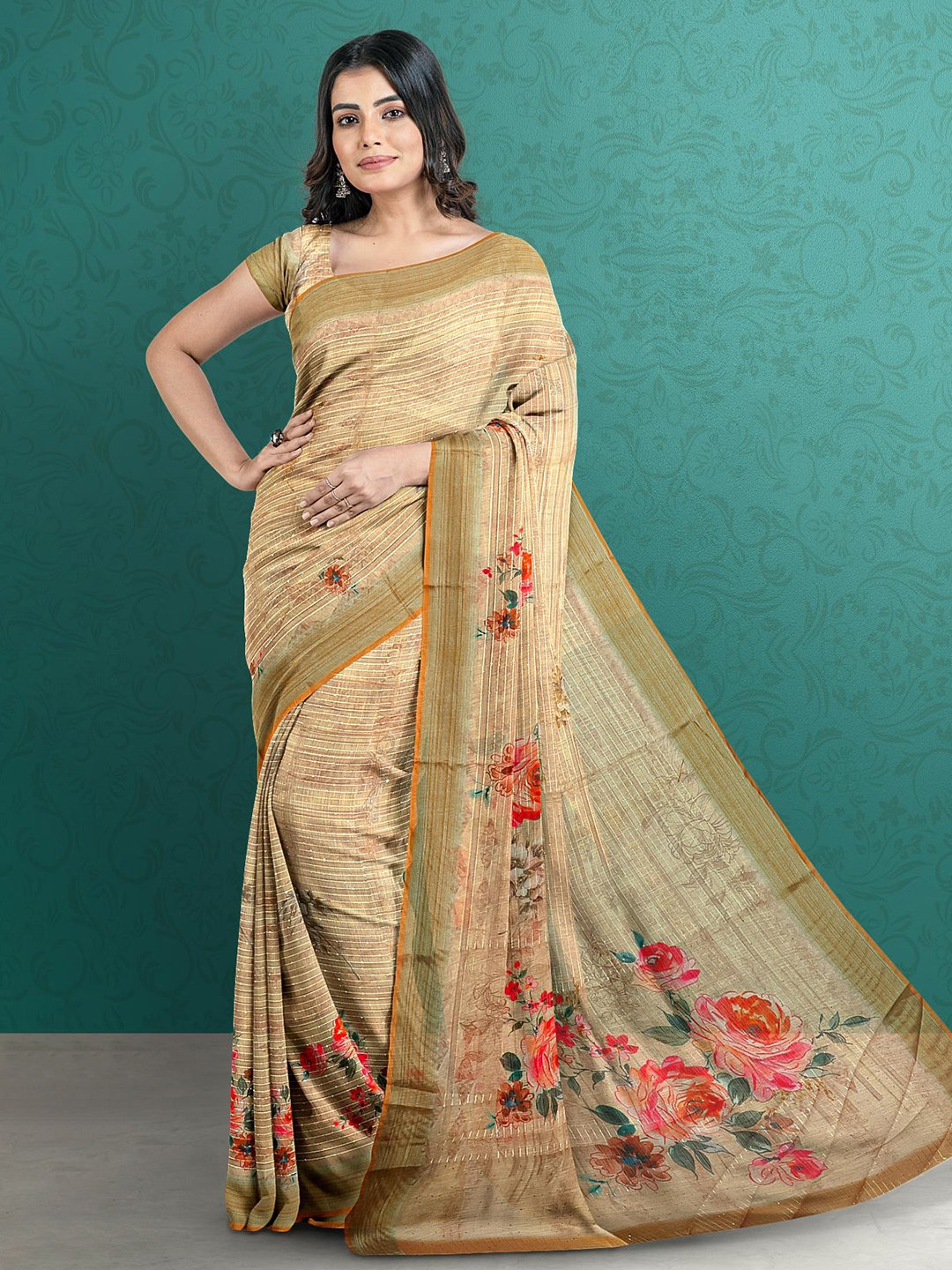 

Kalamandir Brown & Pink Floral Jute Silk Saree