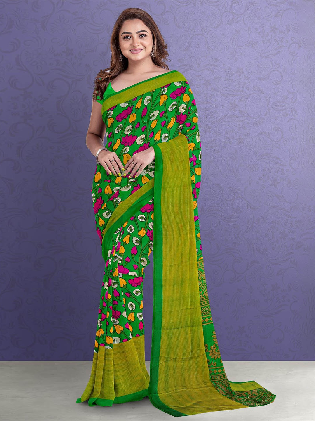 

Kalamandir Green & Pink Kalamkari Silk Blend Saree