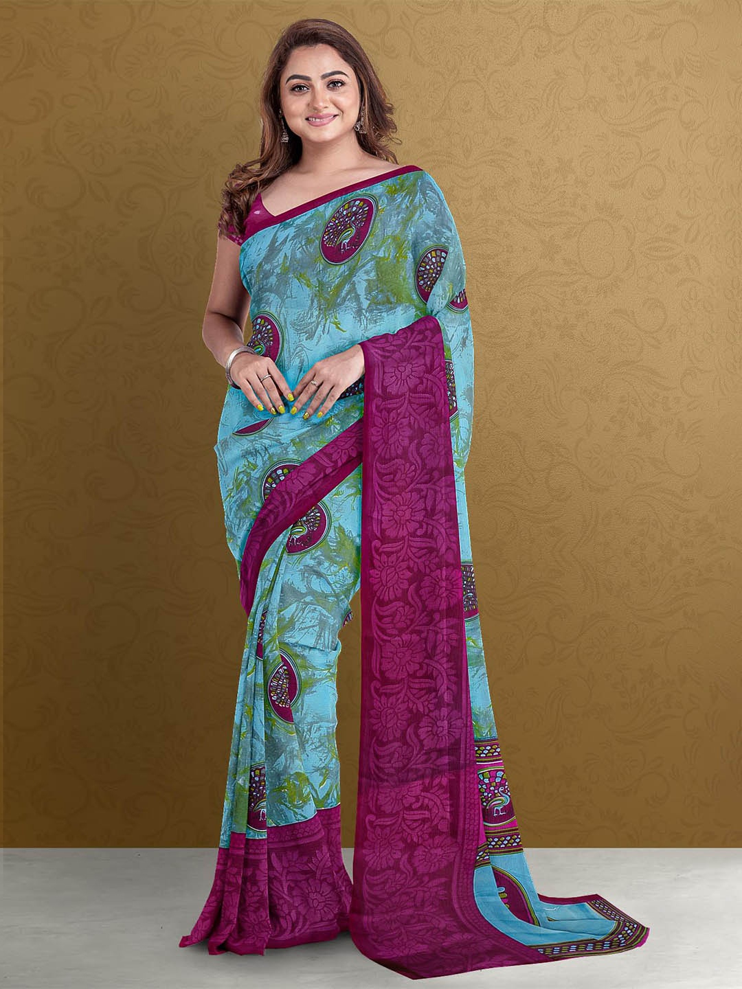 

Kalamandir Blue & Purple Kalamkari Silk Blend Saree