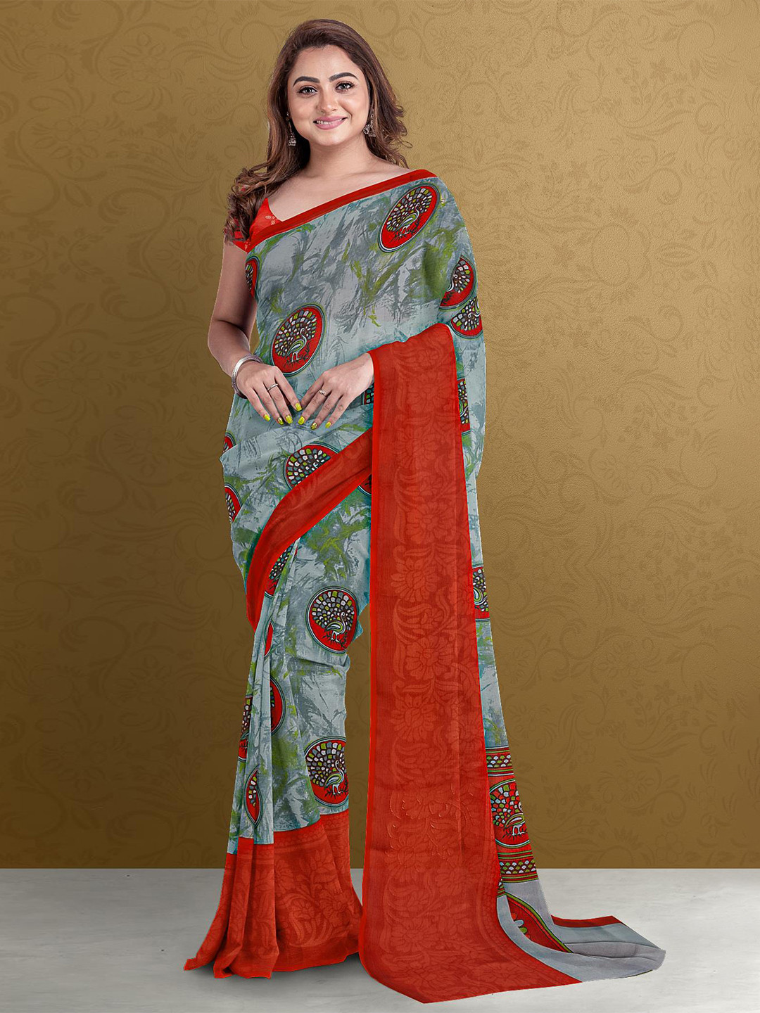 

Kalamandir Grey & Red Kalamkari Silk Blend Saree