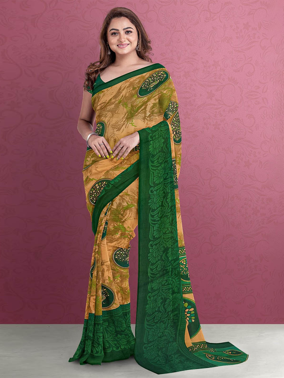 

Kalamandir Brown & Green Kalamkari Silk Blend Saree