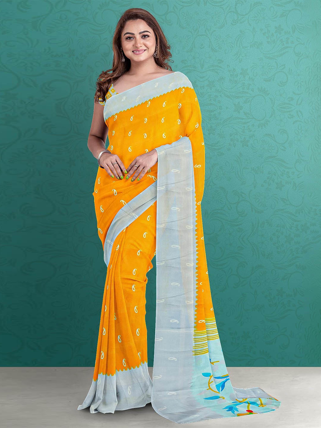 

Kalamandir Yellow & Blue Paisley Silk Blend Saree