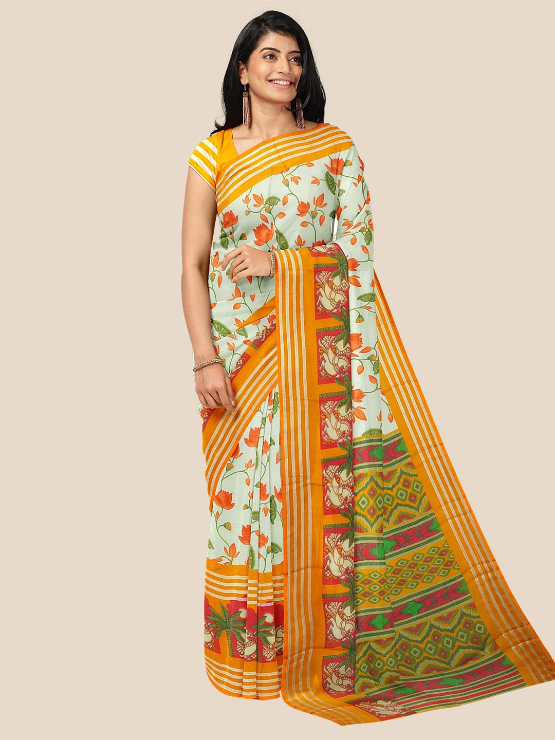 

Kalamandir Cream-Coloured & Yellow Floral Silk Blend Saree