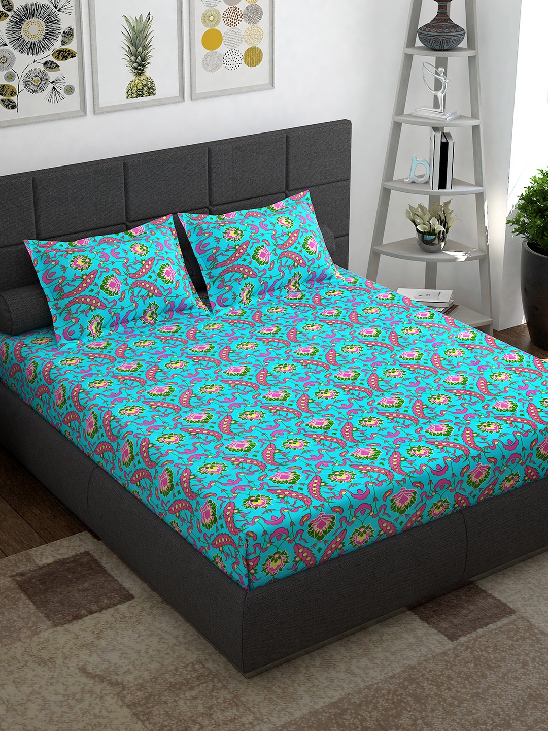 

Story@home Teal Pink Ethnic Motifs 144 TC Cotton Queen Bedsheet with 2 Pillow Covers