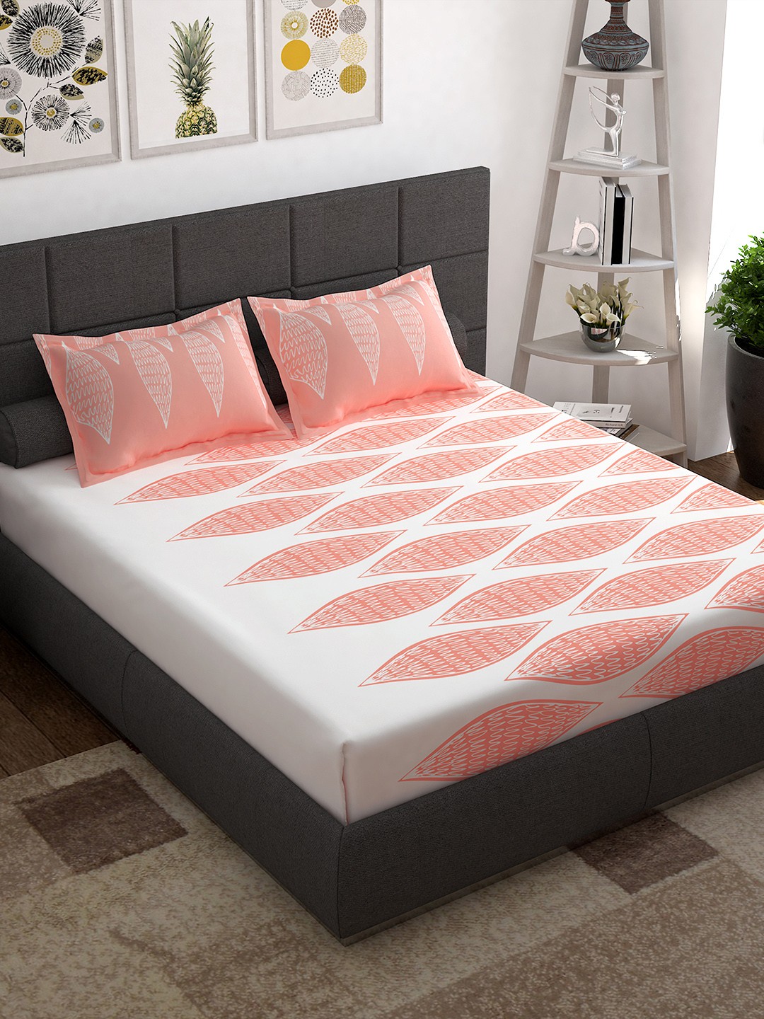 

Story@home Peach-Coloured White 144 TC Cotton Queen Bedsheet with 2 Pillow Covers