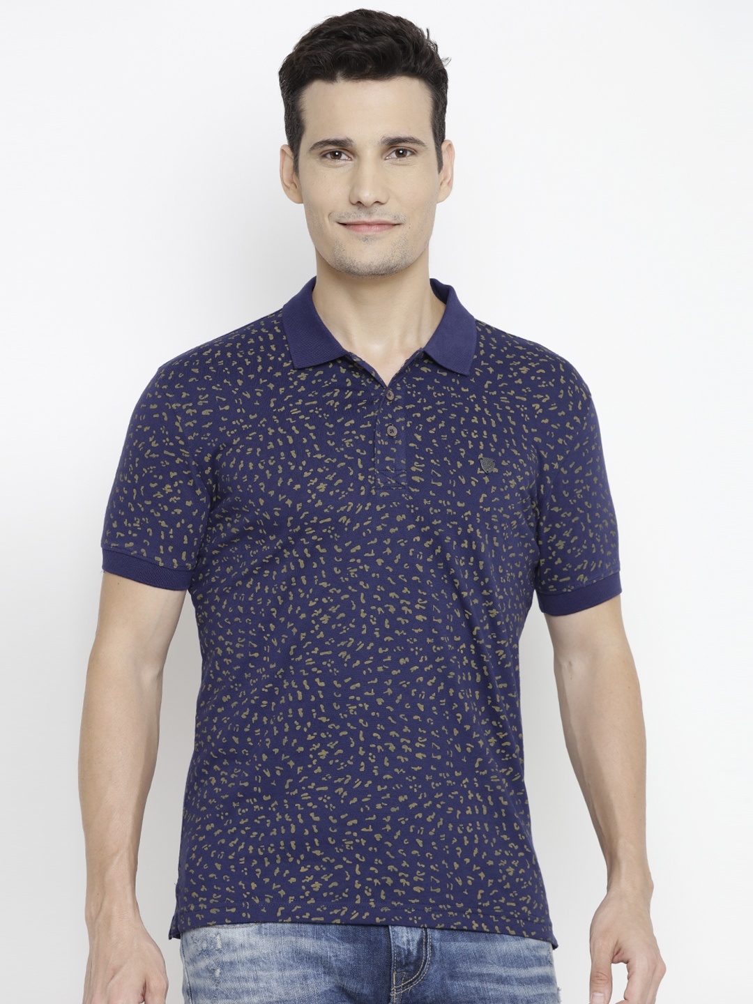 

John Players Men Navy Printed Polo Collar T-shirt, Navy blue
