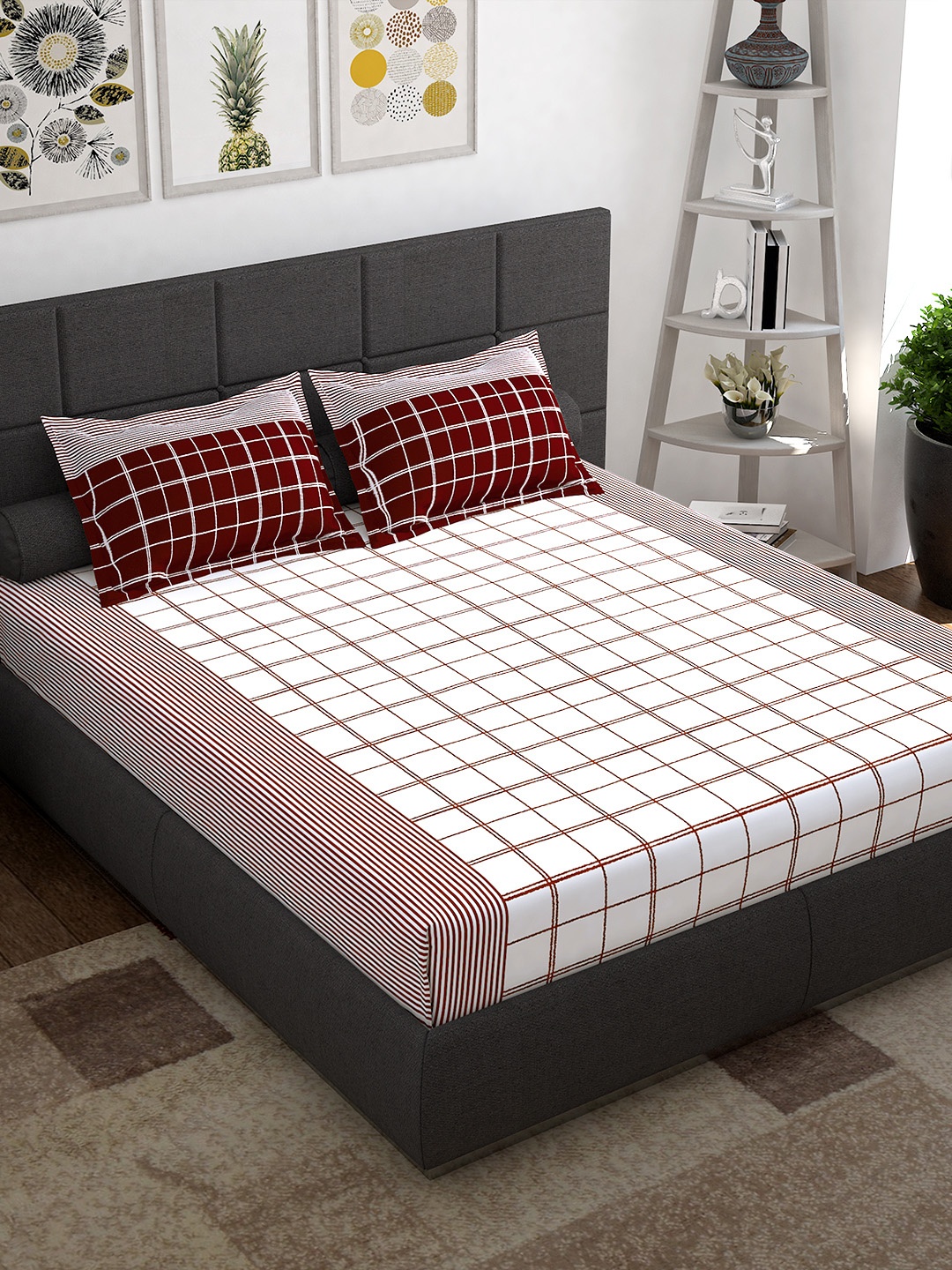 

Story@home Maroon White Geometric 144 TC Queen Bedsheet with 2 Pillow Covers