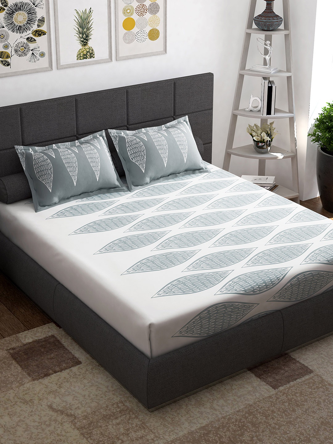 

Story@home Grey White Printed 144 TC Cotton Queen Bedsheet with 2 Pillow Covers