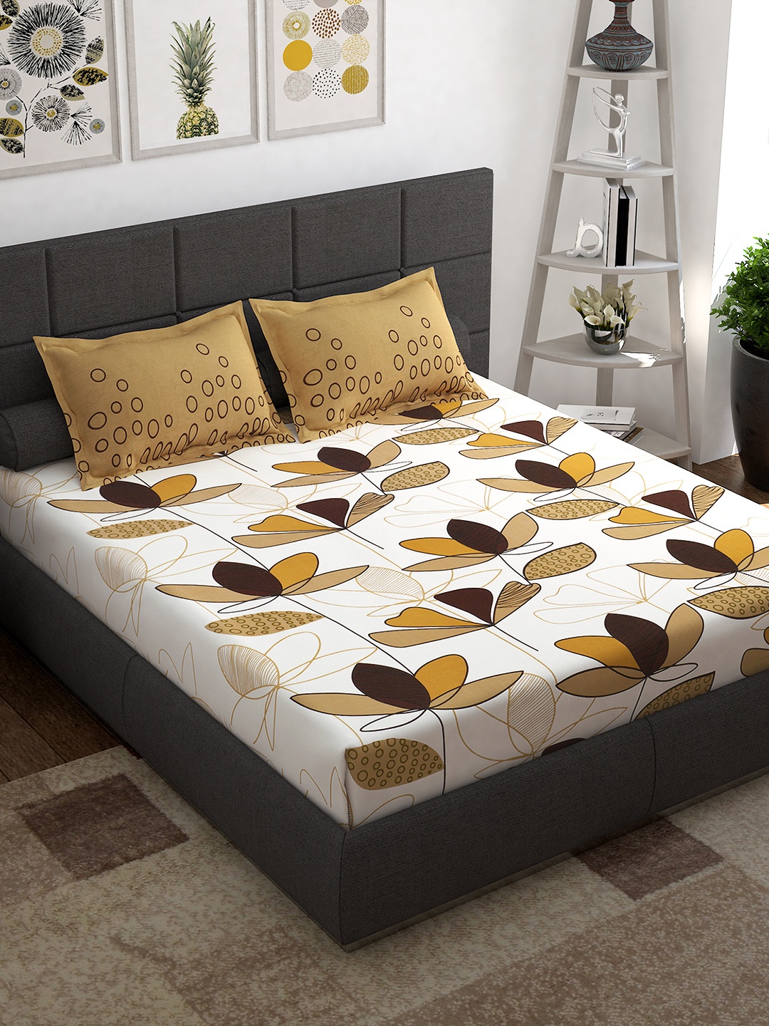

Story@home Cream-Coloured Gold-Toned Floral 144 TC Queen Bedsheet with 2 Pillow Covers