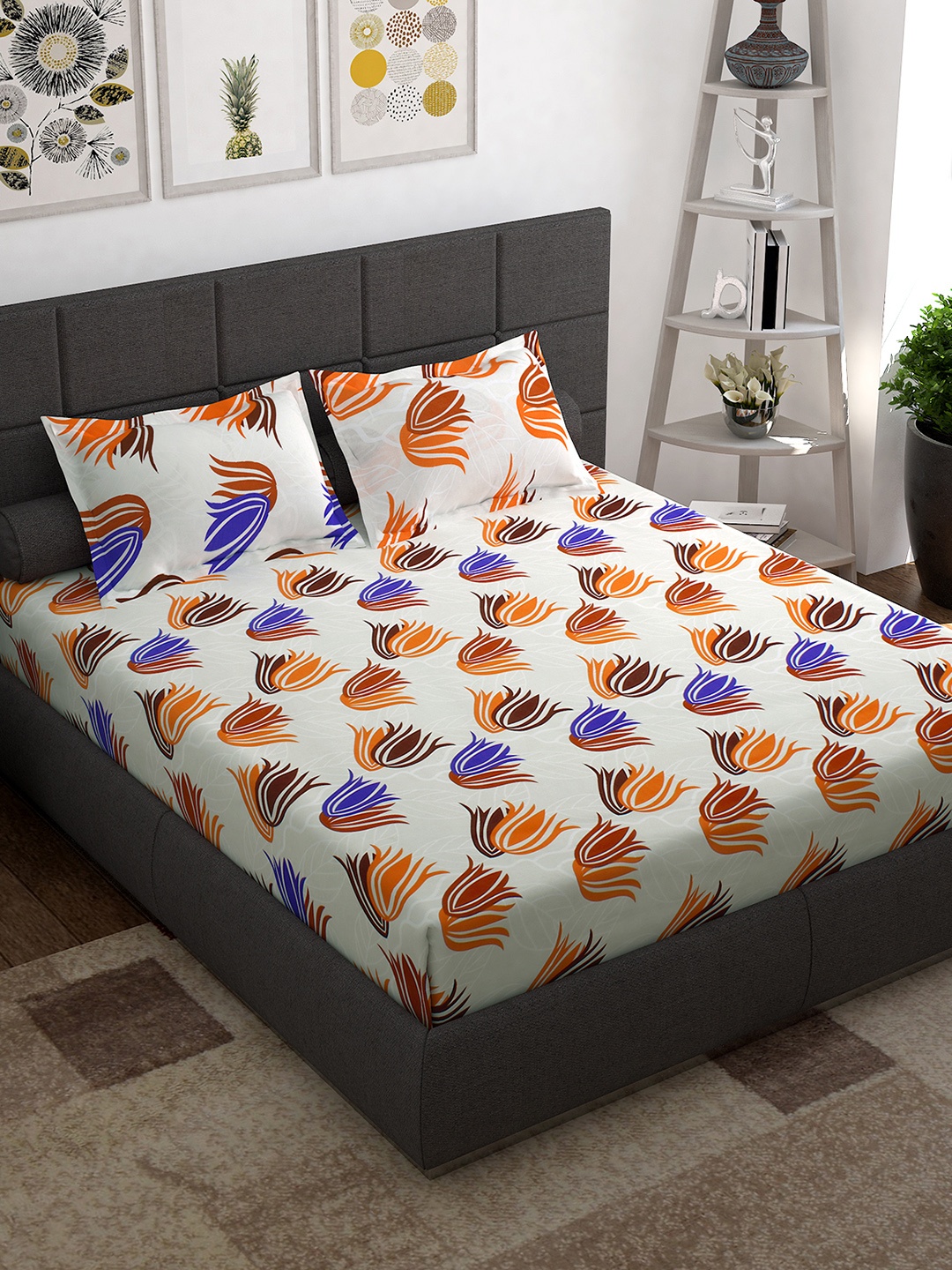 

Story@home White Orange Floral 144 TC Queen Bedsheet with 2 Pillow Covers
