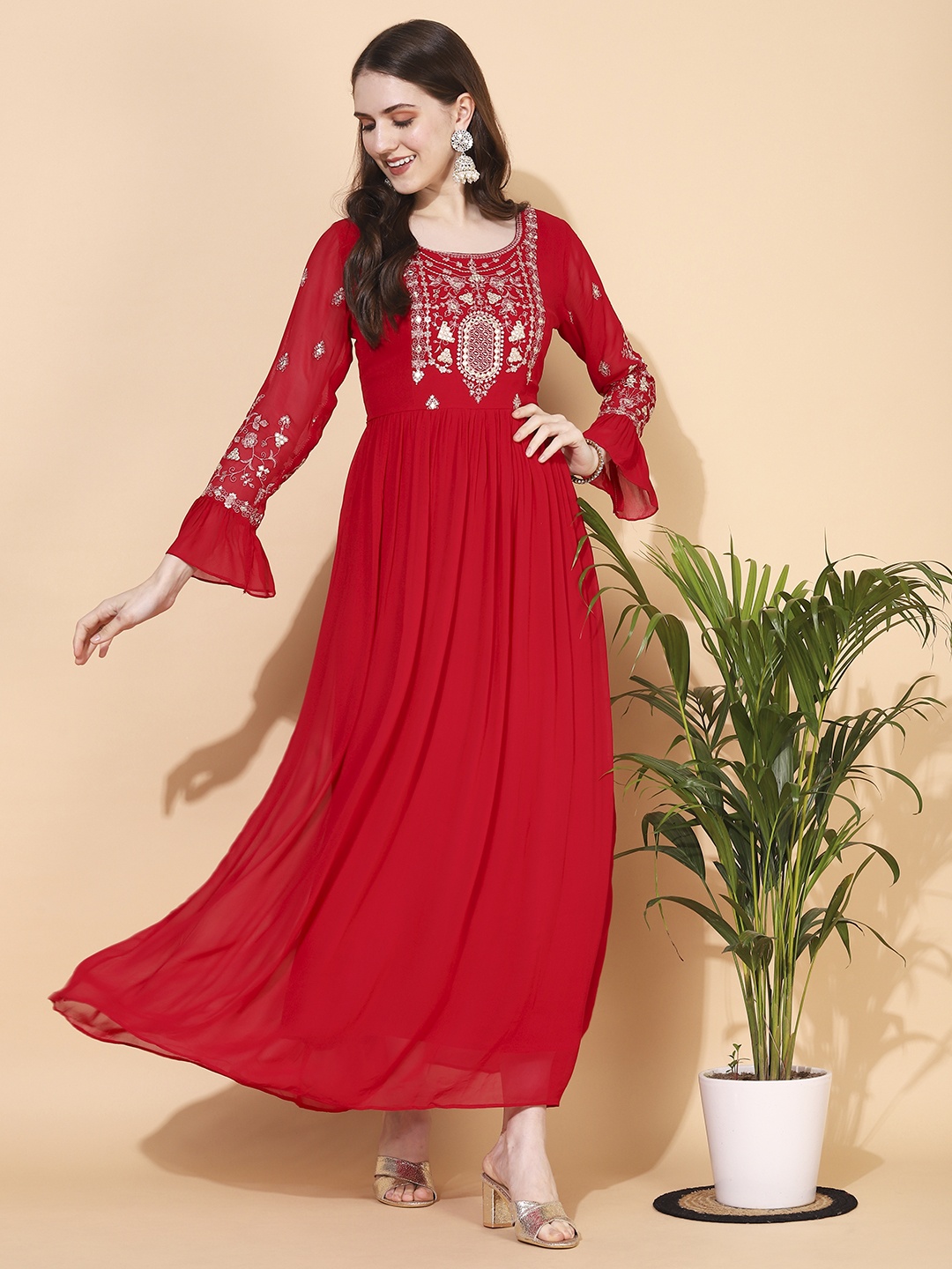 

FASHOR Women Red Embellished Self Design A-Line Maxi Dress