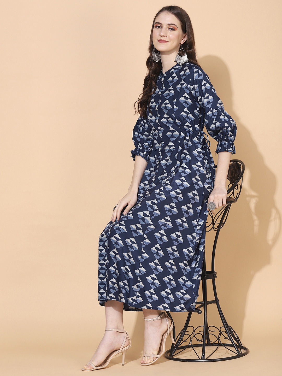 

FASHOR Women Blue Ethnic Printed A-Line Midi Dress