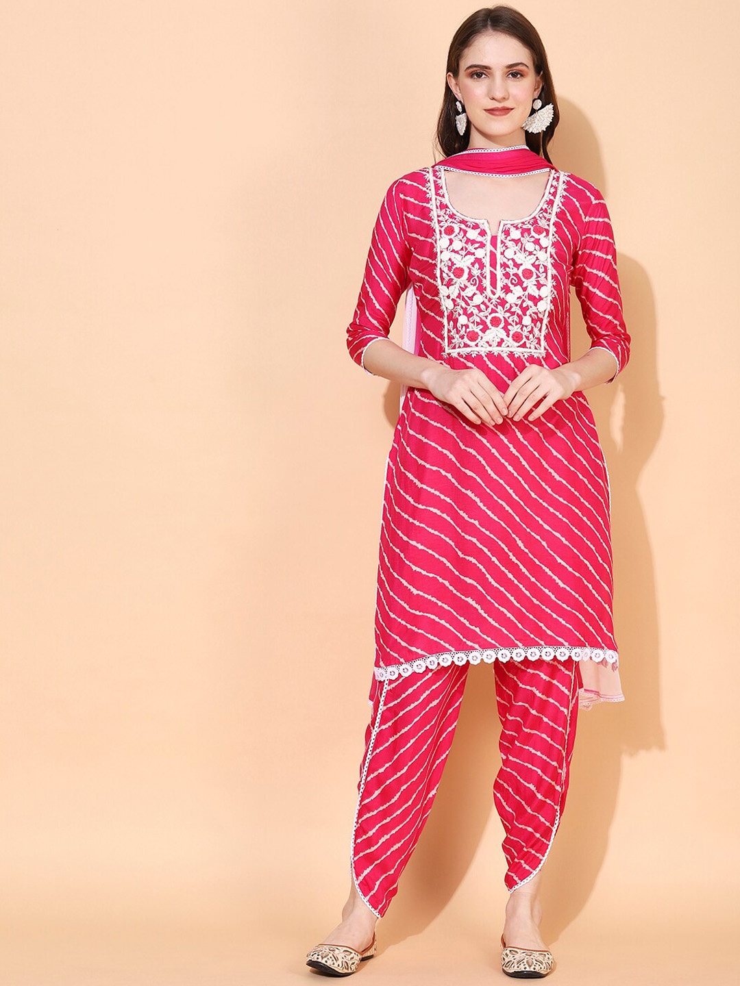 

FASHOR Women Pink Leheriya Yoke Design Thread Work Kurta with Trousers & Dupatta