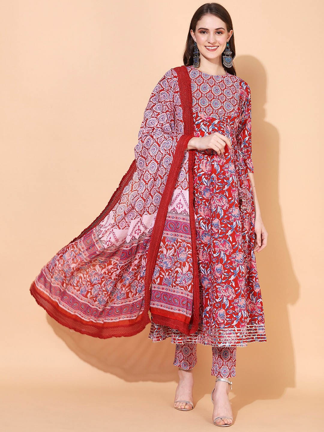 

FASHOR Women Red Floral Printed Panelled Pure Cotton Kurta with Trousers & Dupatta
