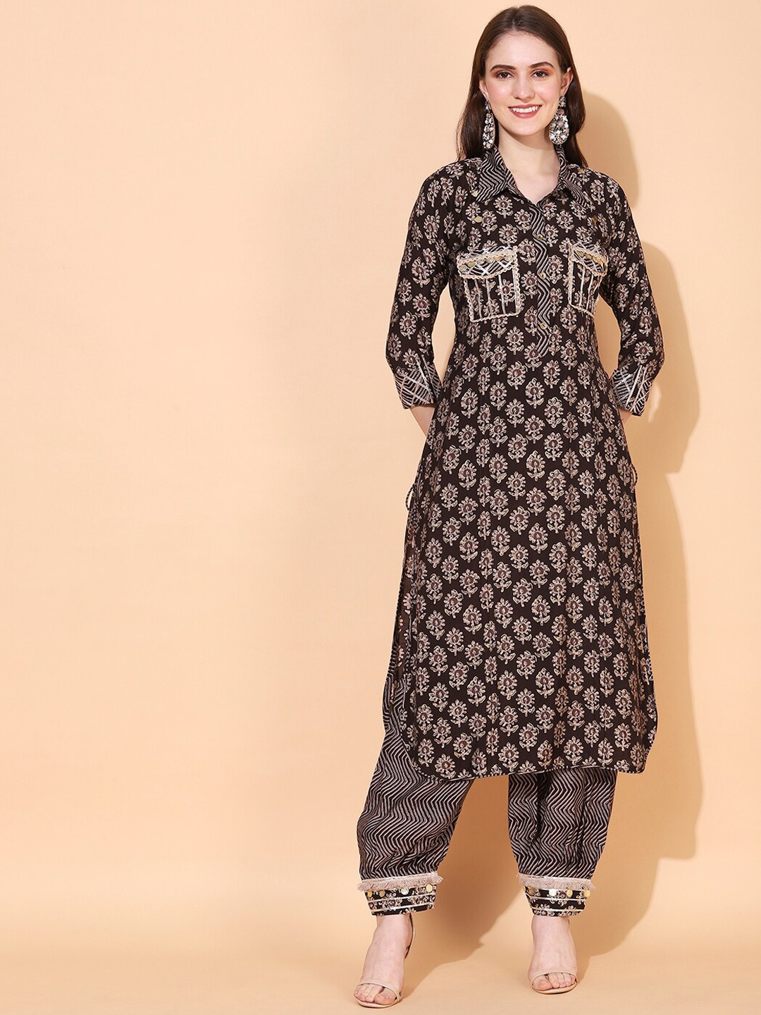 

FASHOR Women Brown Ethnic Motifs Printed Gotta Patti Kurta with Trousers