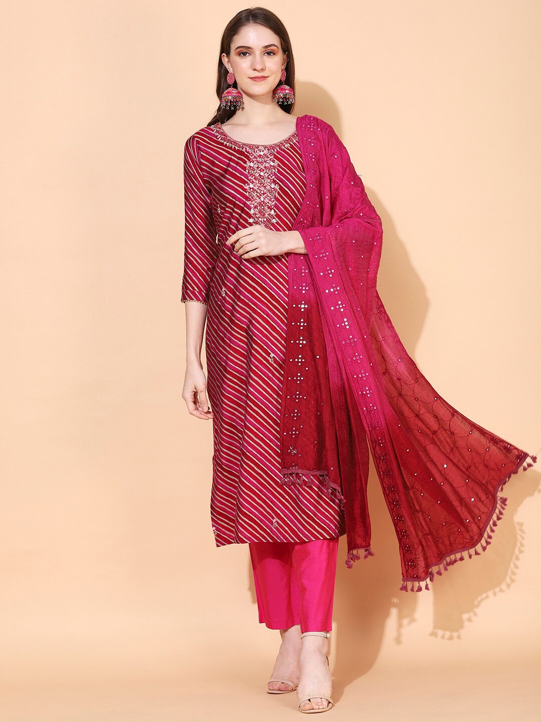 

FASHOR Leheriya Printed Thread Work Straight Calf Length Regular Kurta & Dupatta, Magenta