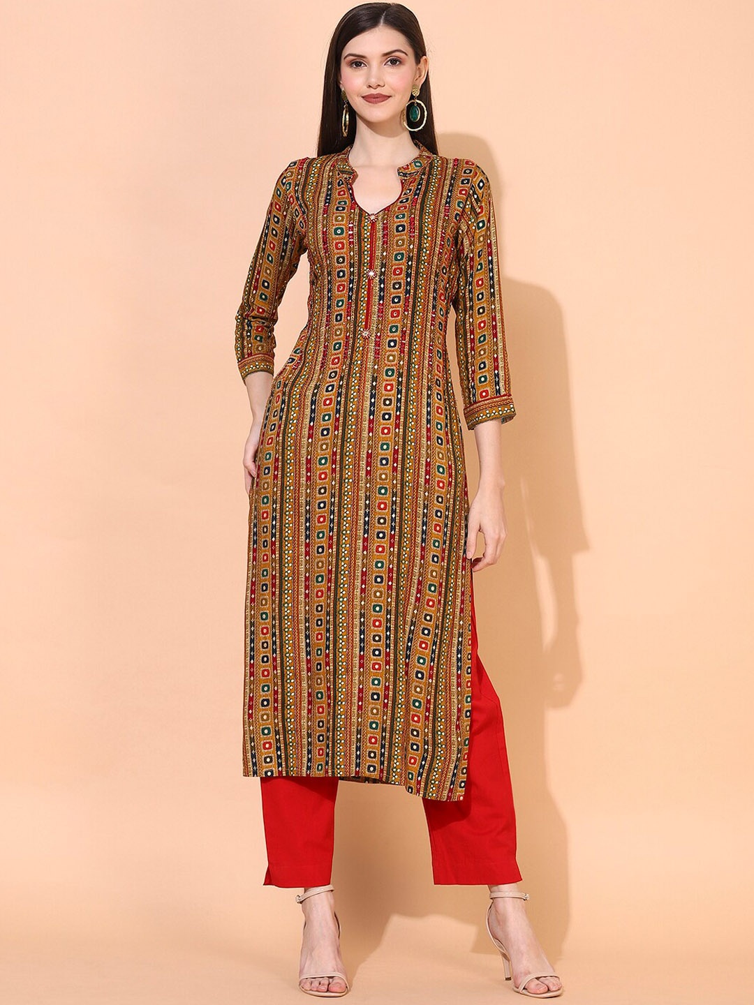 

FASHOR Women Yellow & Red Ethnic Motifs Embroidered Straight Kurta