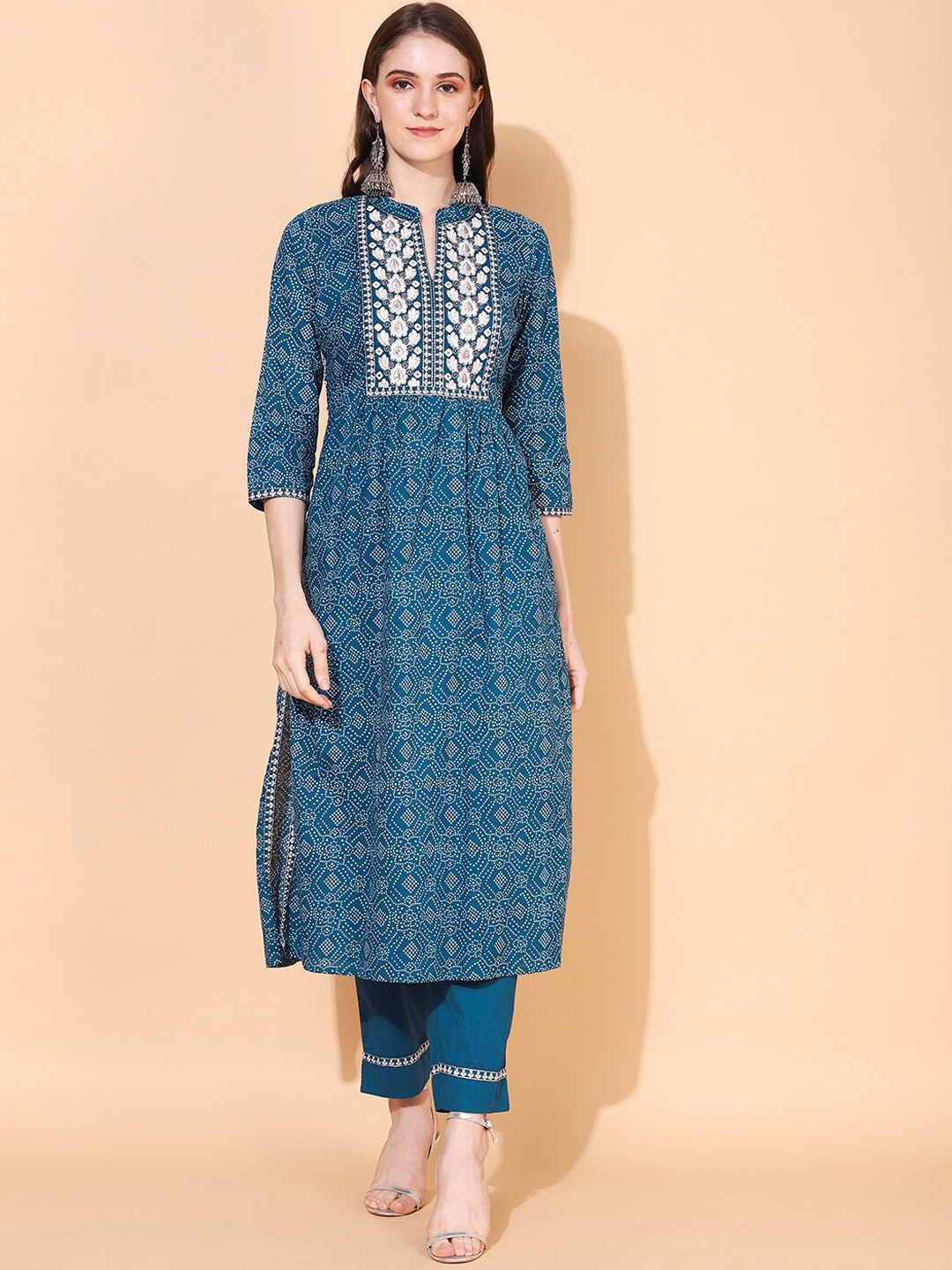 

FASHOR Women Blue Bandhani Printed Pure Cotton A-Line Kurta With Trousers