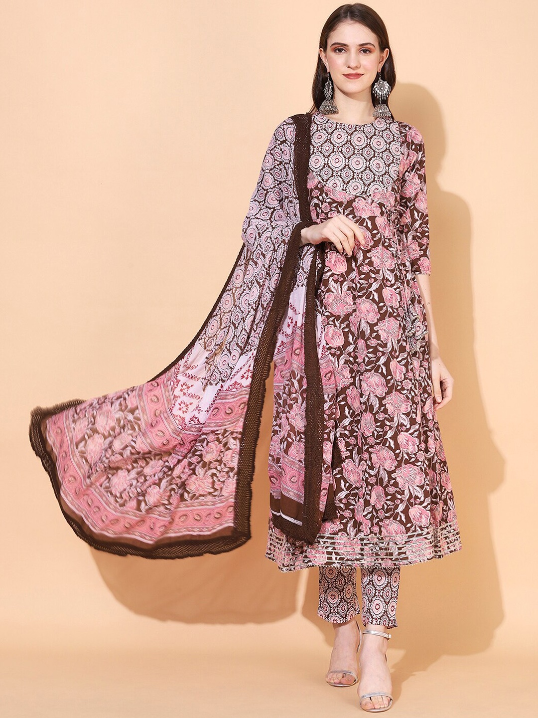 

FASHOR Women Brown & Pink Floral Printed Pure Cotton Kurta With Trousers & Dupatta