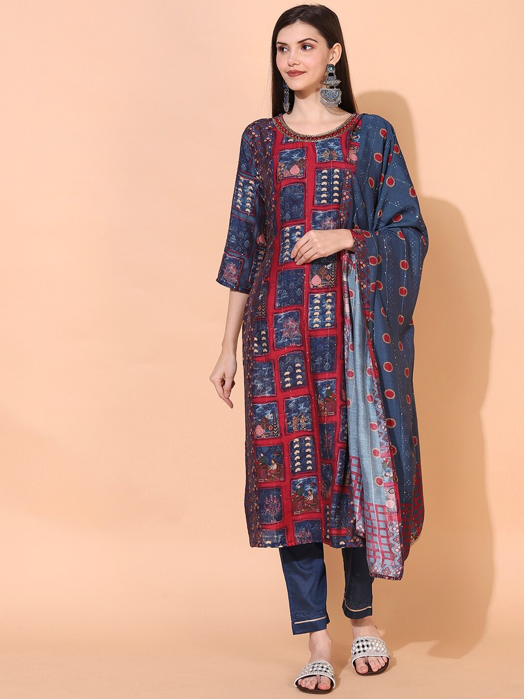 

FASHOR Women Blue Ethnic Motifs Printed Straight Kurta with Trousers & Dupatta