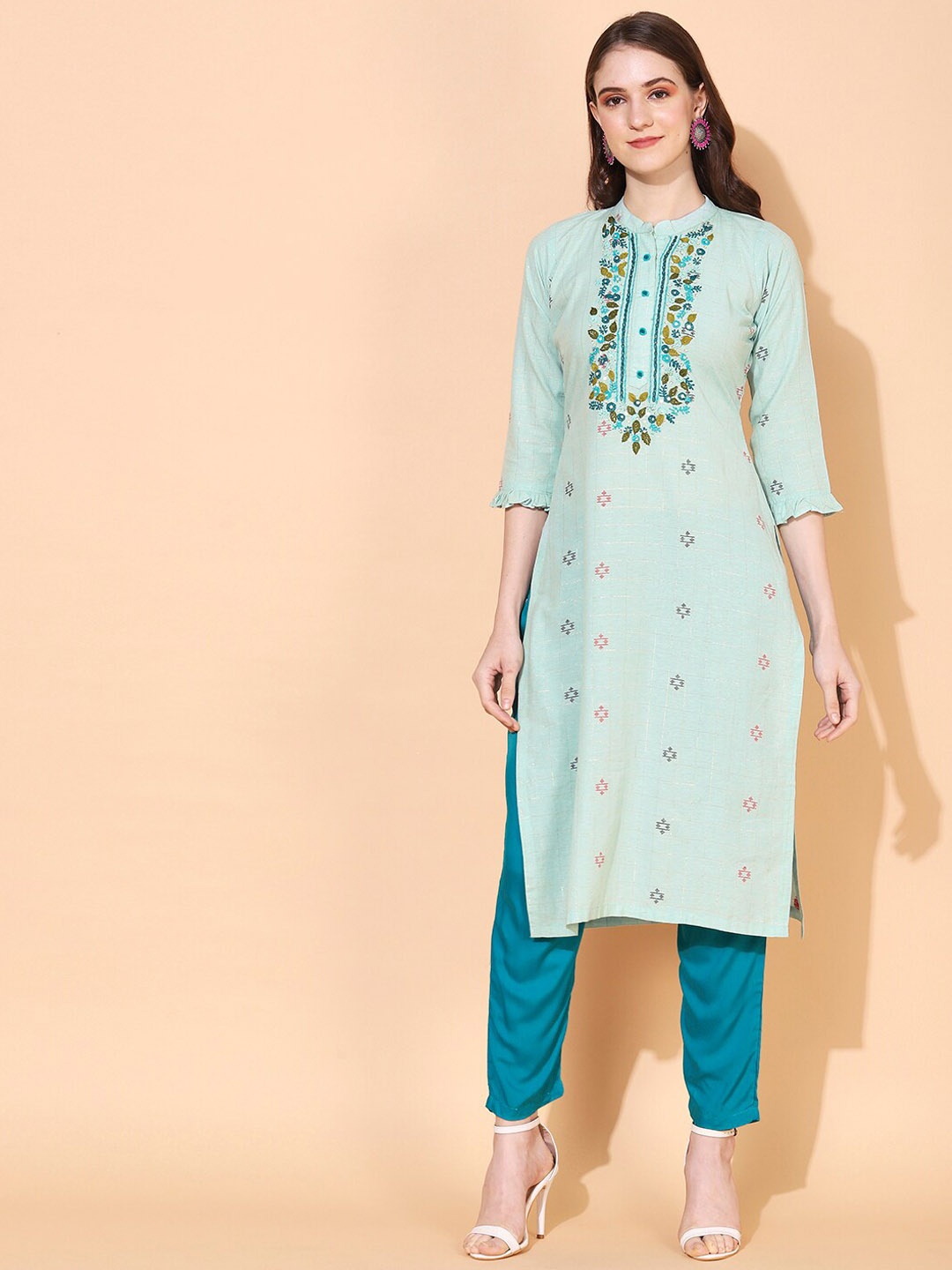 

FASHOR Women Sea Green Printed Thread Work Cotton Straight Kurta