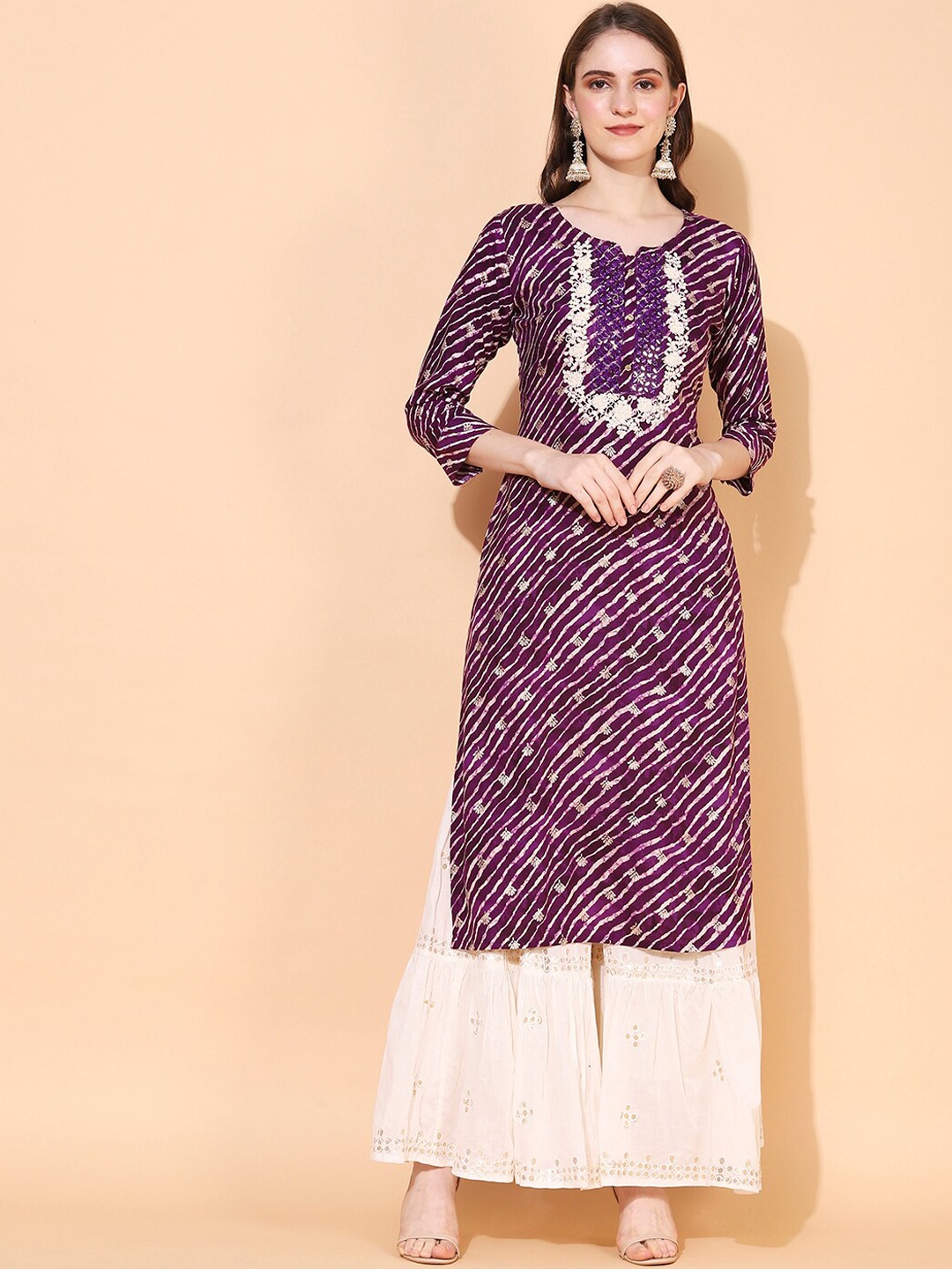 

FASHOR Leheriya Printed Straight Straight Kurta, Purple