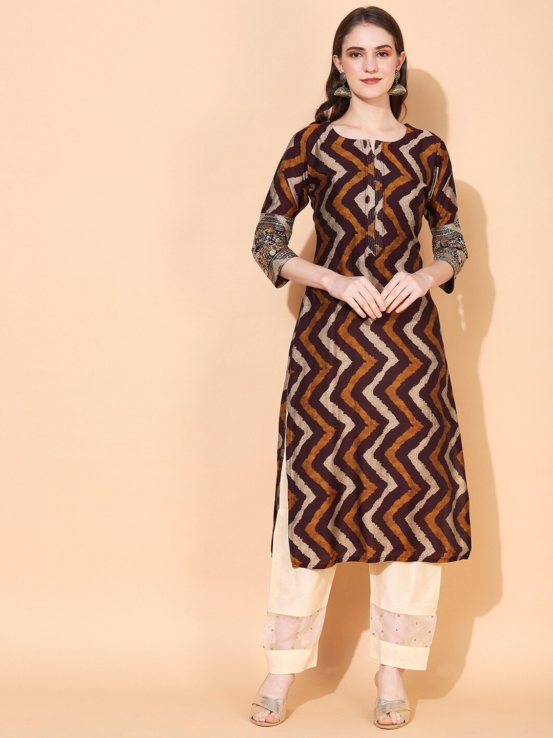 

FASHOR Women Burgundy & Yellow Printed Straight Fit Kurta