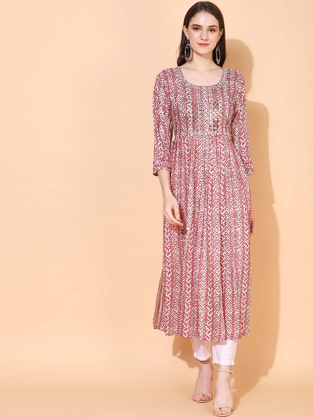 

FASHOR Ethnic Motifs Printed A-Line Kurta, Pink