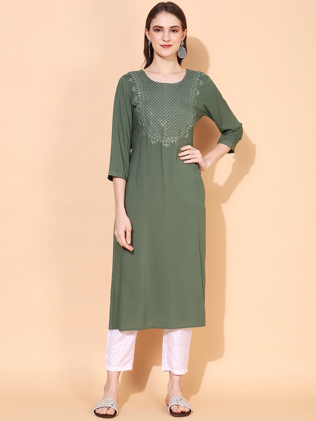 

FASHOR Thread Work Straight Regular Kurta, Olive
