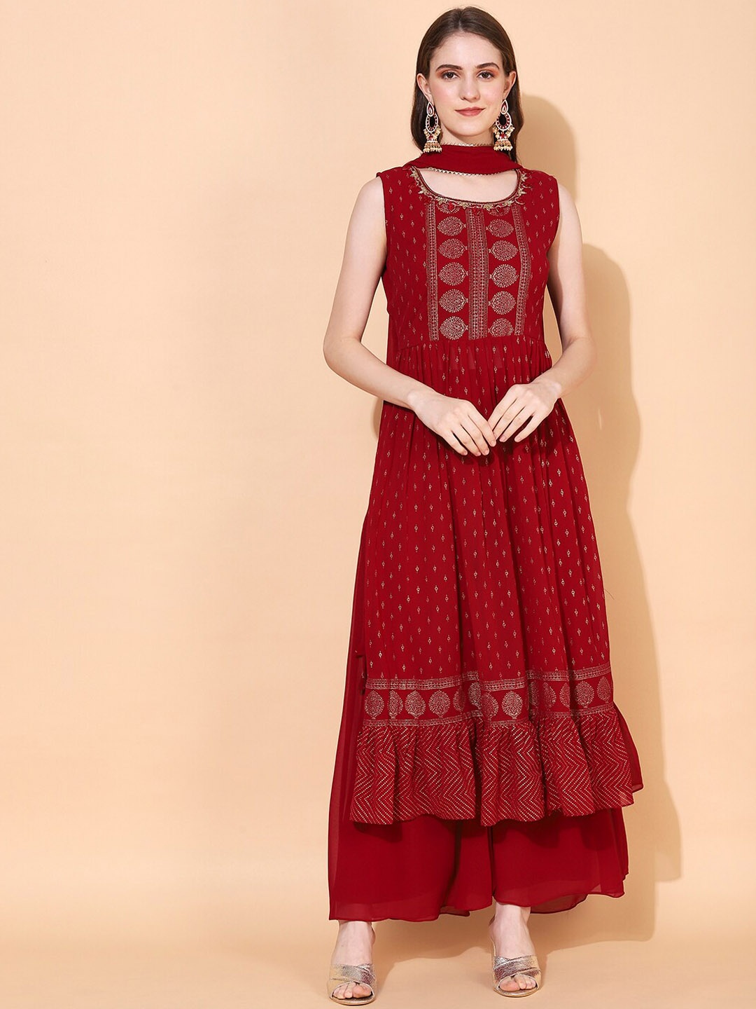 

FASHOR Women Maroon Ethnic Motifs Printed Beads and Stones Kurta with Palazzos & Dupatta