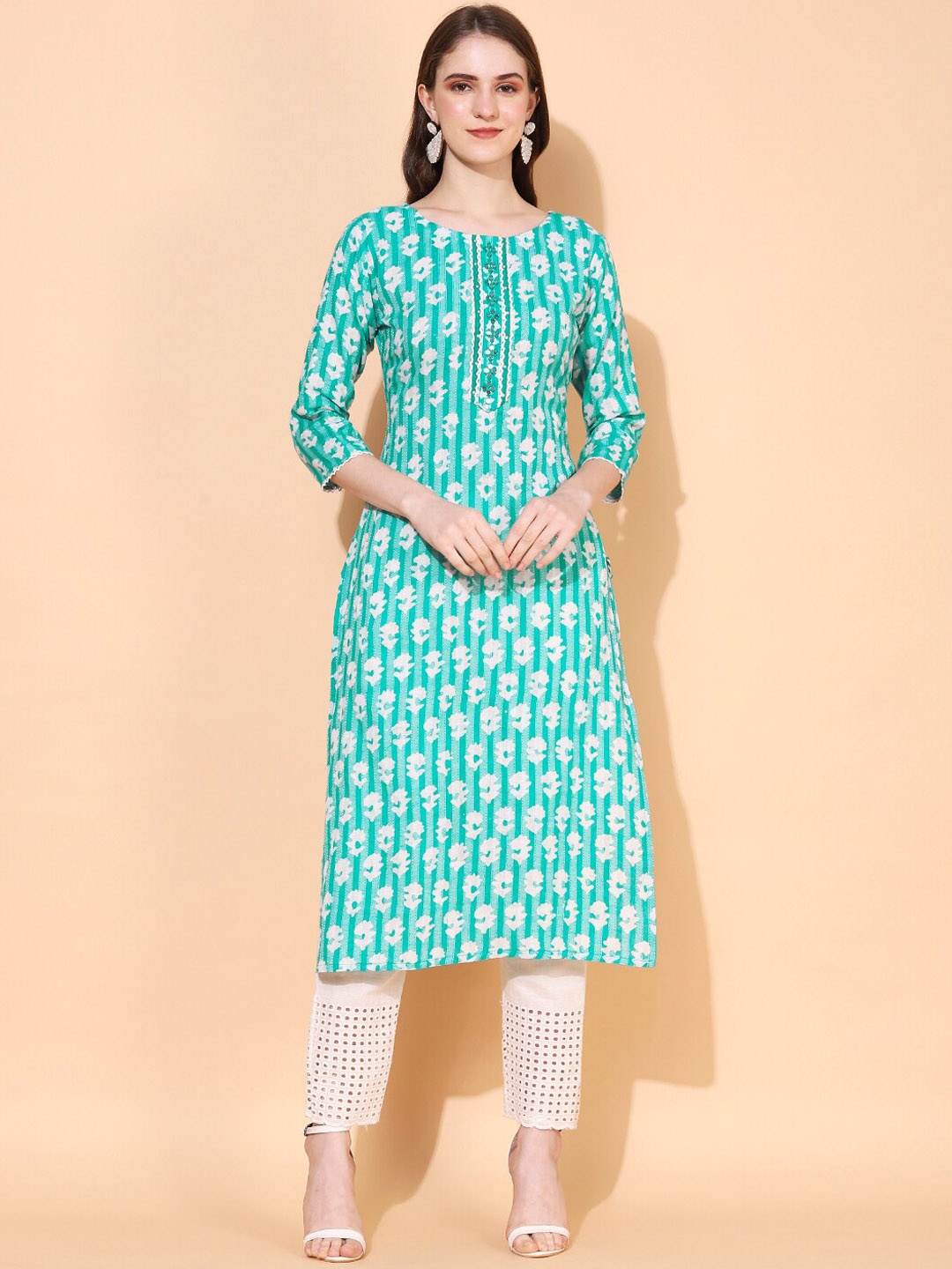 

FASHOR Women Green Floral Printed Kurta