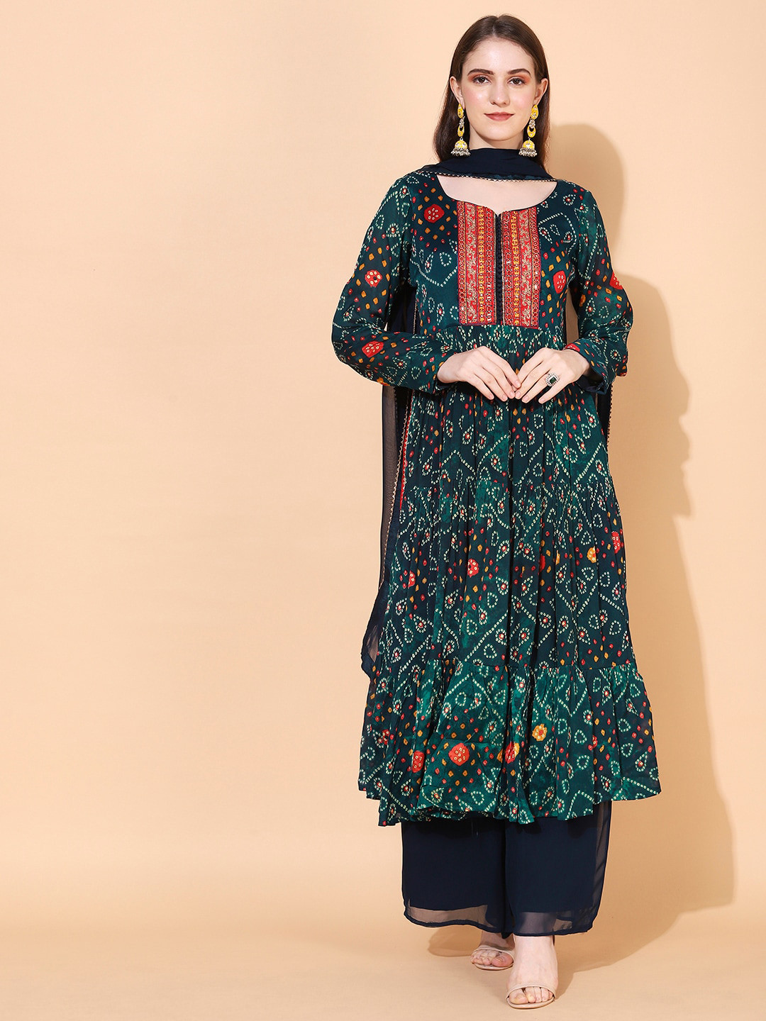 

FASHOR Women Teal Bandhani Printed Empire Kurta with Palazzos & With Dupatta