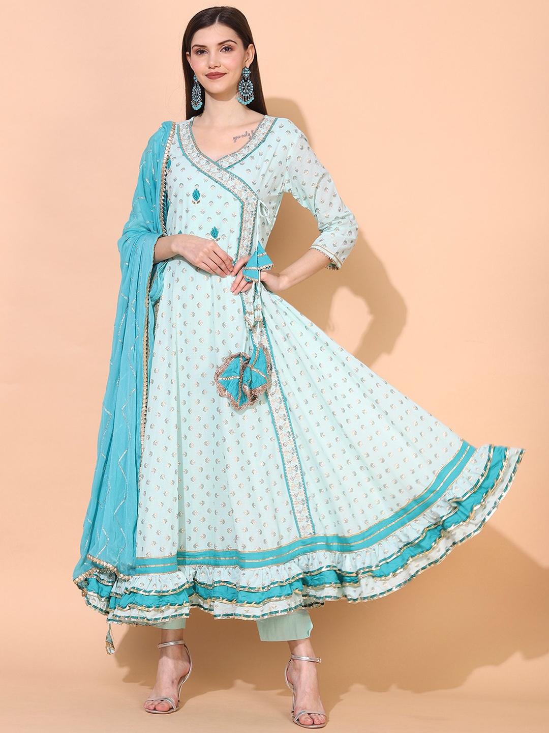 

FASHOR Women Green Embroidered Angrakha Pure Cotton Kurta with Trousers