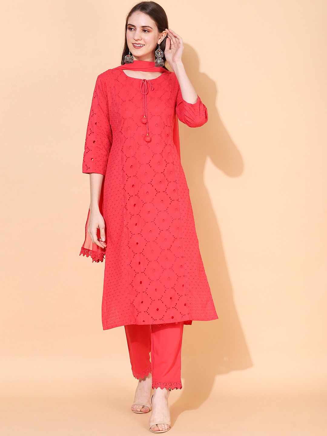 

FASHOR Women Pink Ethnic Motifs Embroidered Kurta with Trousers & With Dupatta