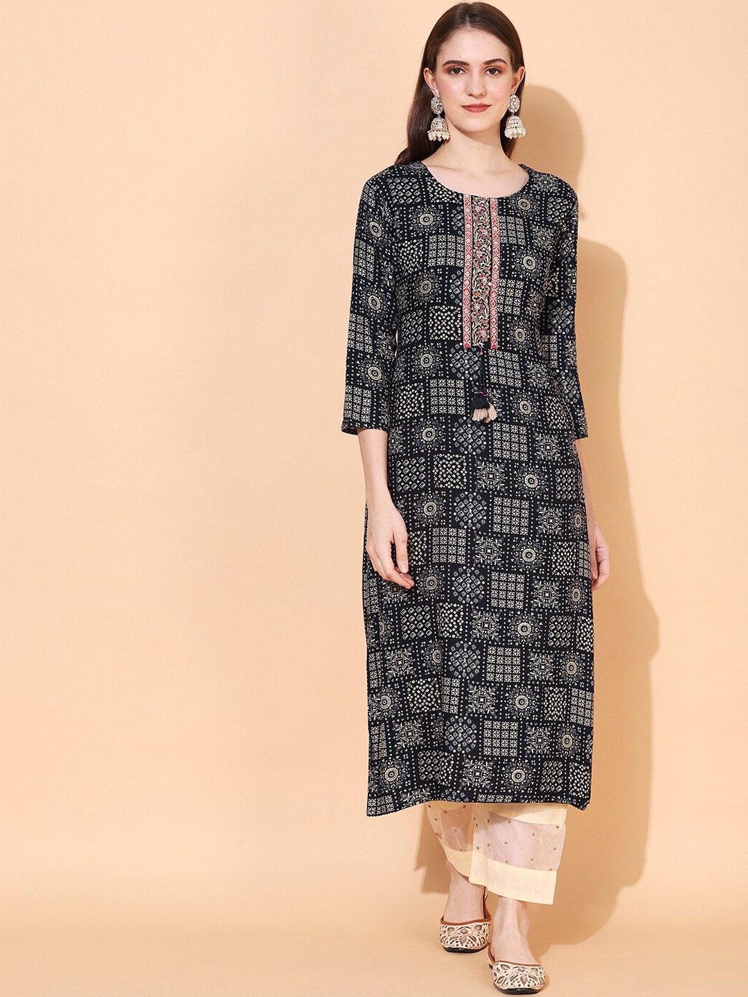 

FASHOR Women Navy Blue Ethnic Motifs Printed Kurta