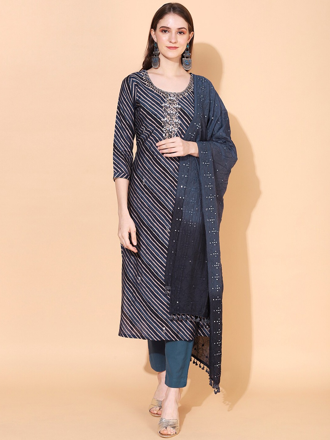 

FASHOR Zari Leheriya Printed Kurta, Navy blue