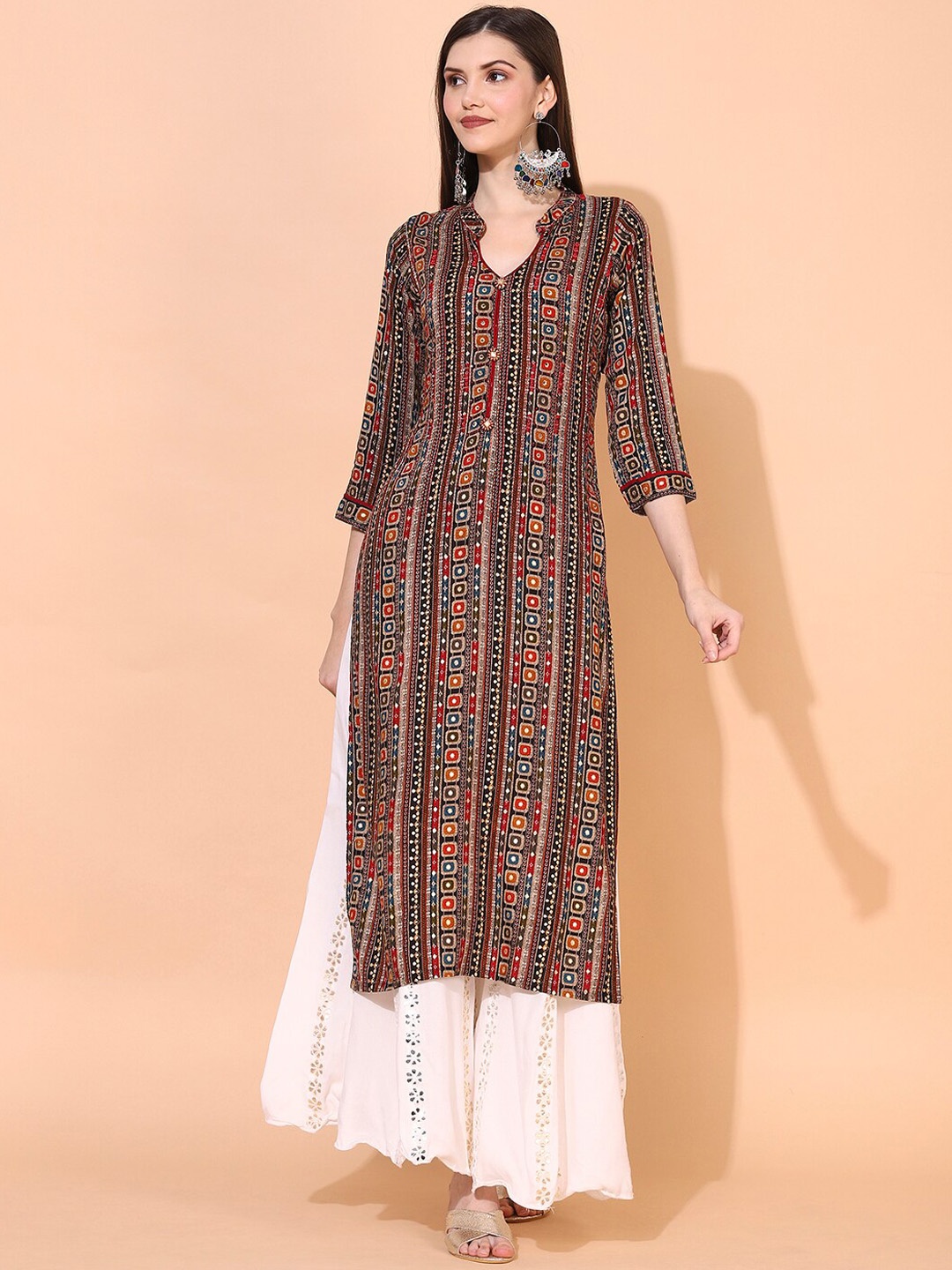 

FASHOR Geometric Printed Kurta, Brown