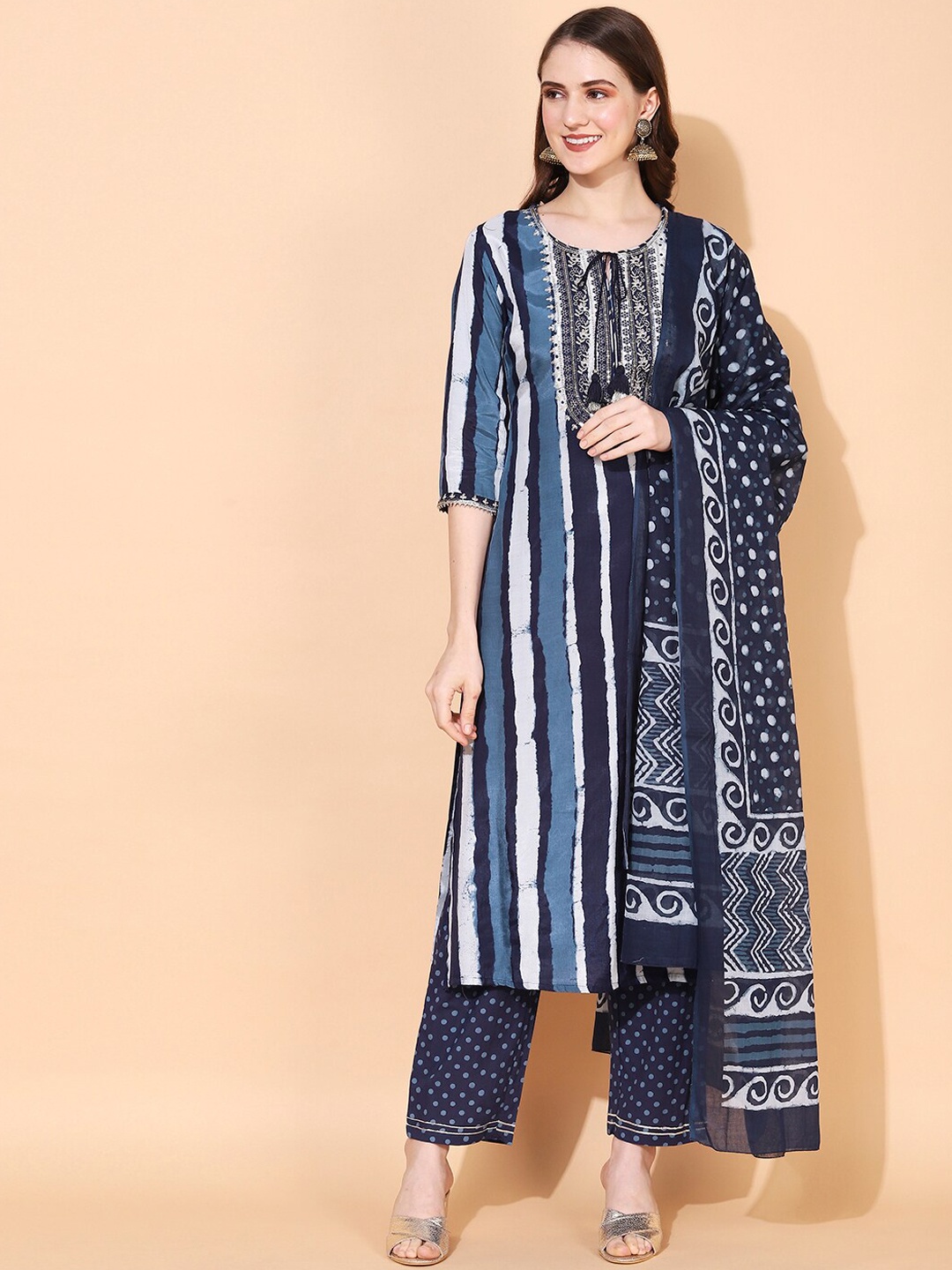 

FASHOR Women Blue Striped Kurta with Trousers & With Dupatta