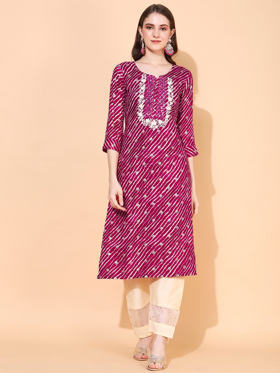 

FASHOR Women Pink Leheriya Printed Kurta