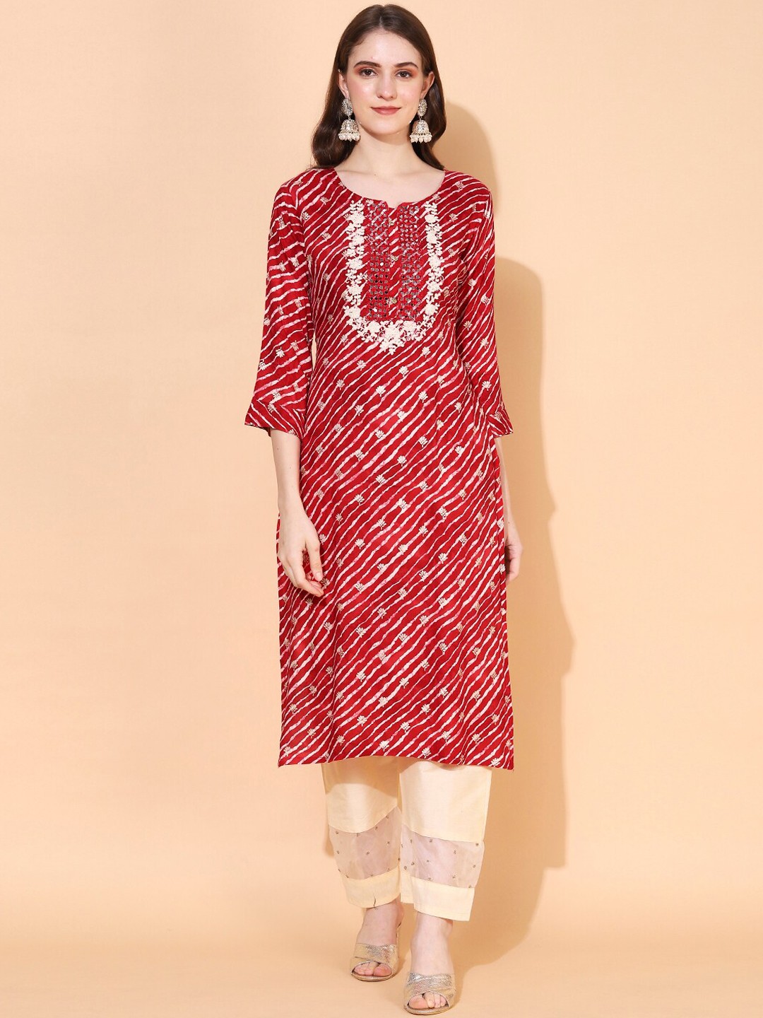 

FASHOR Leheriya Printed Mirror Work Kurta, Red