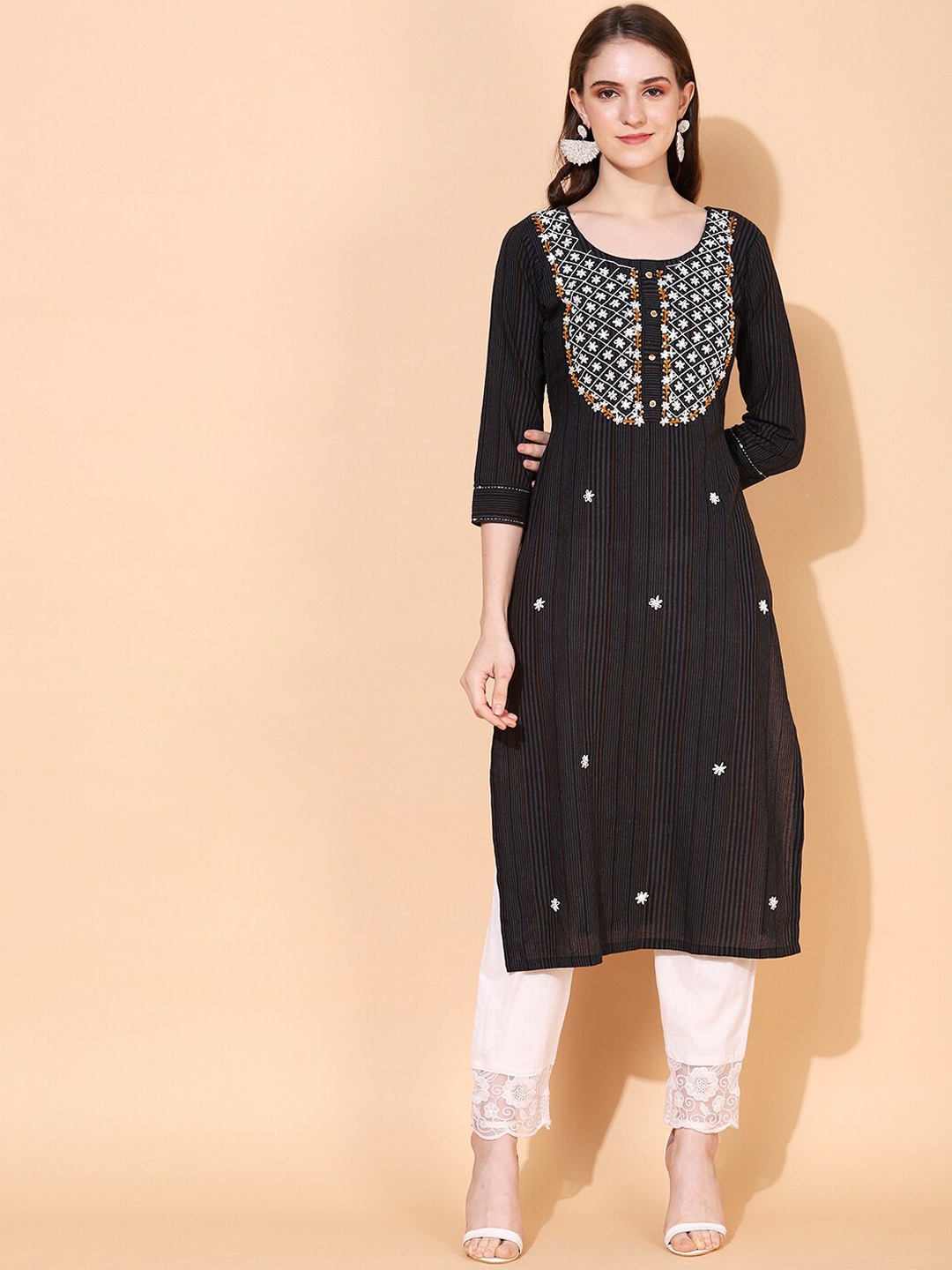 

FASHOR Women Black Striped Kurta