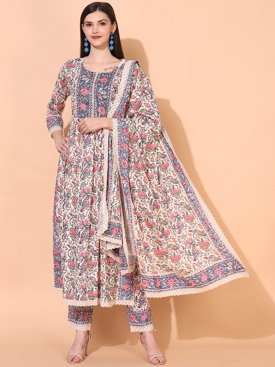 

FASHOR Women Off White & Grey Printed Cotton A-Line Kurta with Trousers & With Dupatta