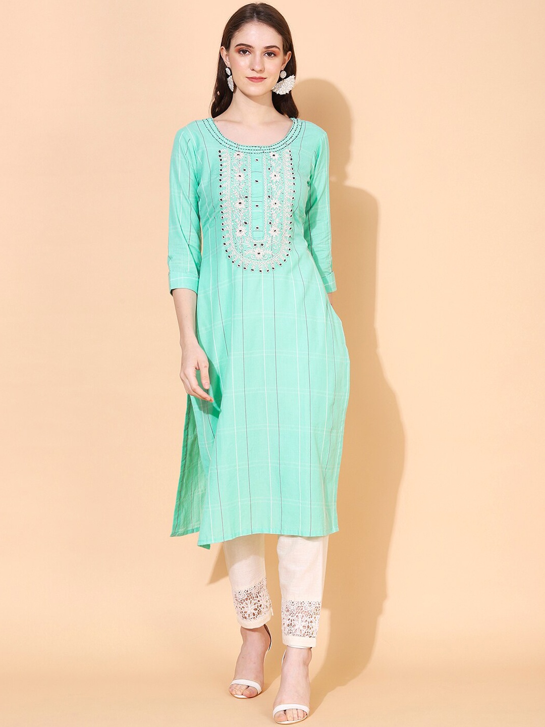 

FASHOR Embroidered Yoke Design Straight Cotton Kurta, Sea green