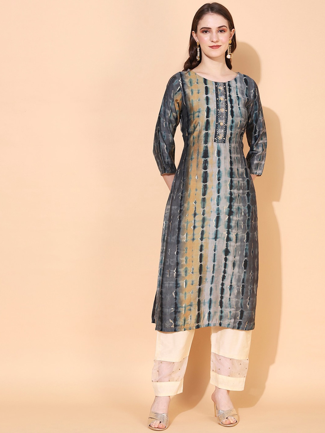 

FASHOR Women Charcoal & Beige Tie-Dye Printed Silk Straight Kurta