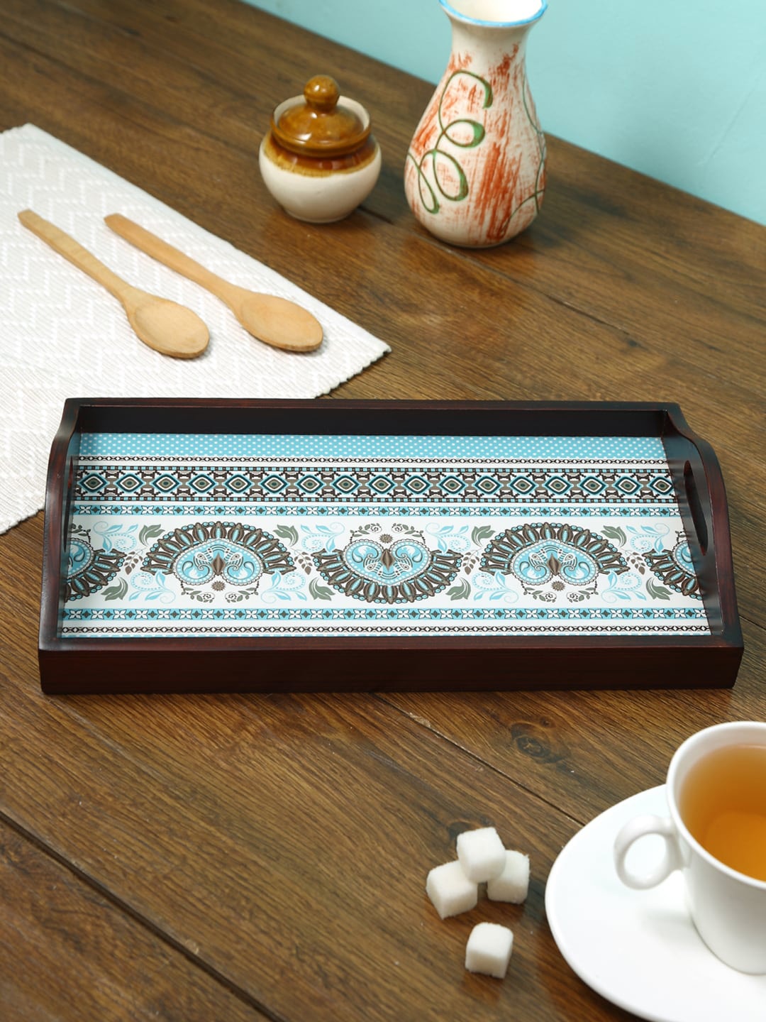 

Reinvention Factory Brown & Blue Printed Wooden Serving Trays