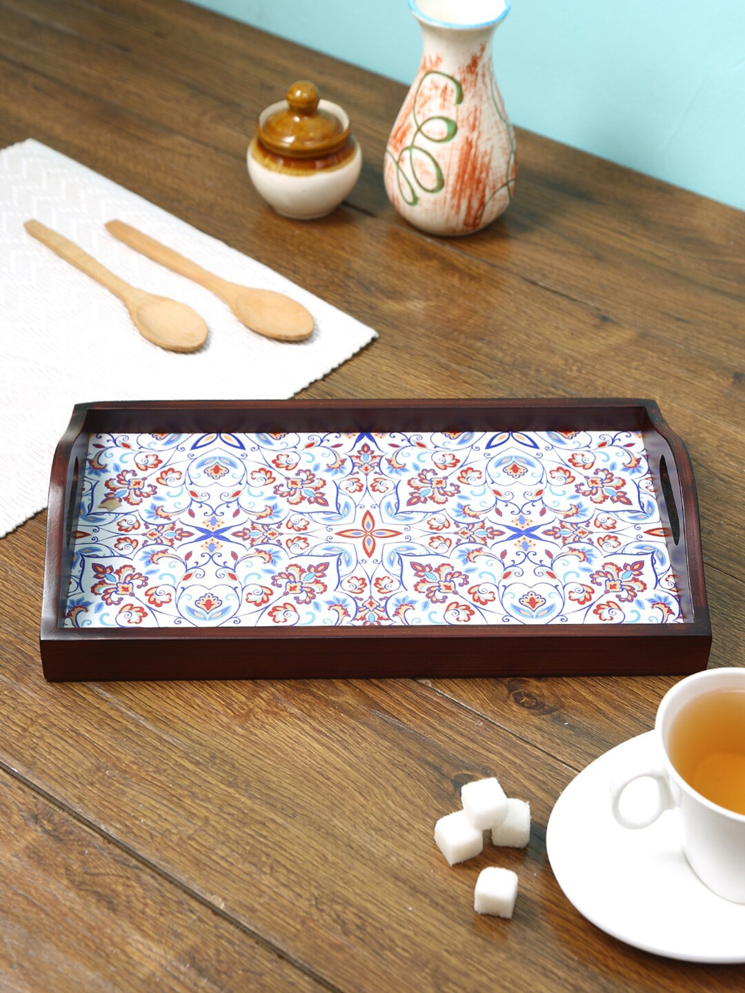 

Reinvention Factory Brown White Turkish Mandala Digital Print Wooden Serving Tray