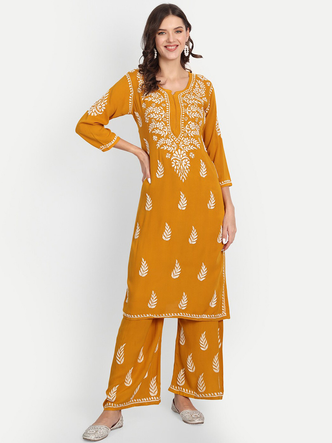 

Indiankala4u Women Mustard Yellow Embroidered Chikankari Straight Kurta with Palazzo